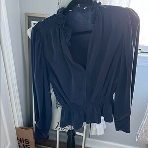 Black V-Neck Puff Sleeve Blouse with Ruffled Peplum